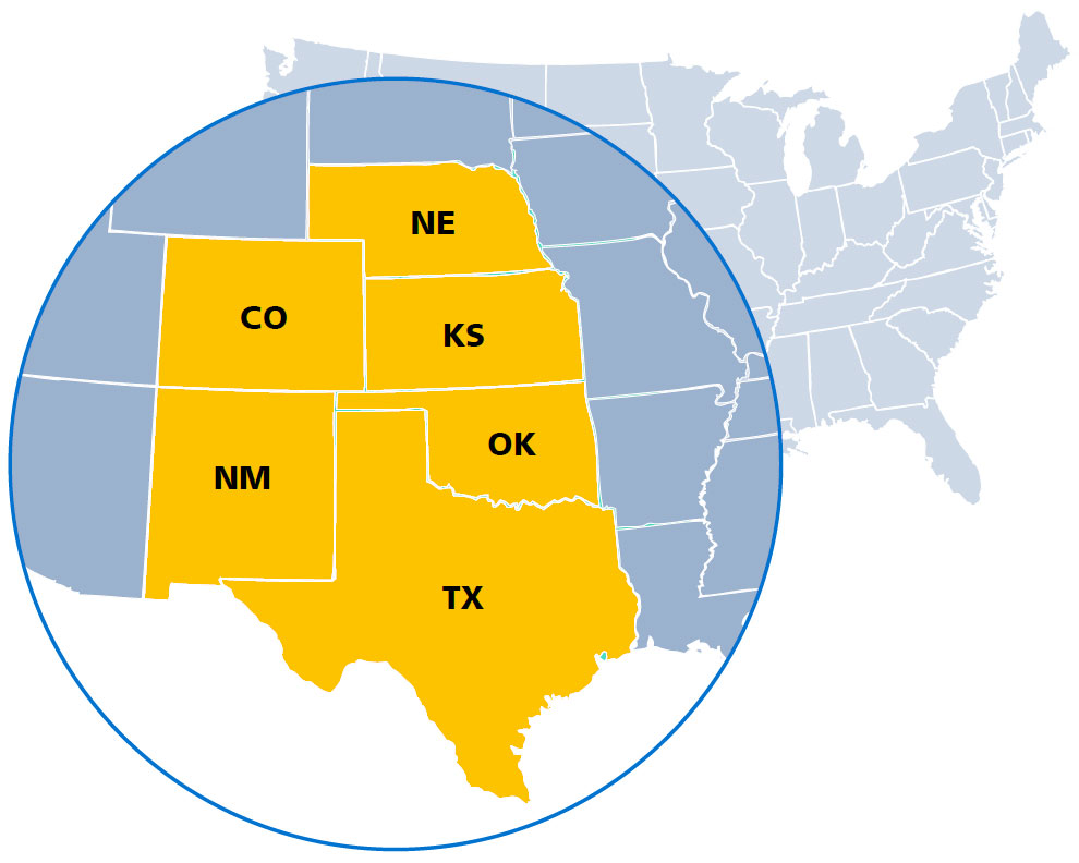 Map with Colorado, Kansas, Nebraska, New Mexico, Oklahoma, and Texas