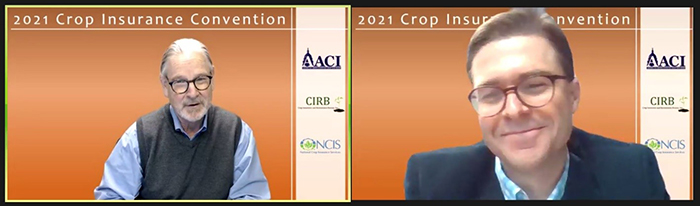 RMA Acting Administrator, Richard Flournoy (right), is introduced by NCIS President, Tom Zacharias (left), at the 2021 Crop Insurance Convention, held virtually on February 9, 2021.
