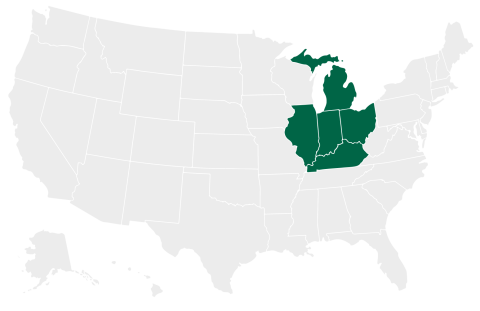 Map of the US with Midwest Compliance office states highlighted